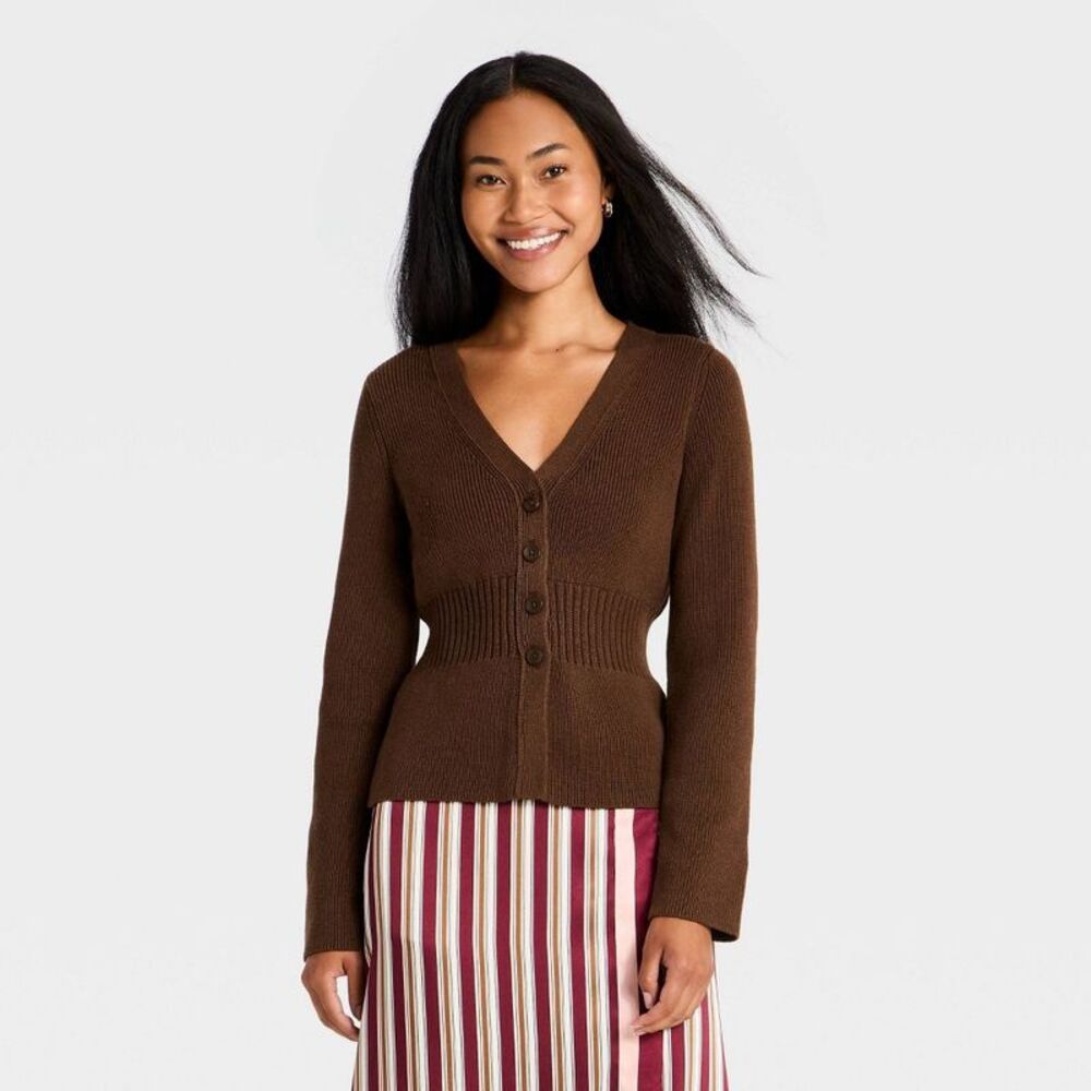 Women's Button-Up Hourglass Ribbed V-Neck Cardigan Sweater - A New Day Brown S